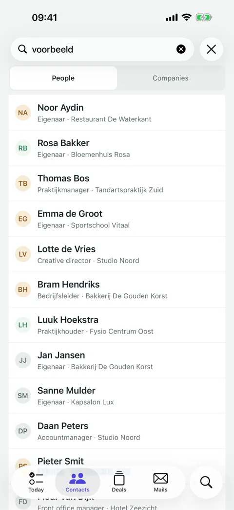 The list of contacts in the app, each with their role and company.