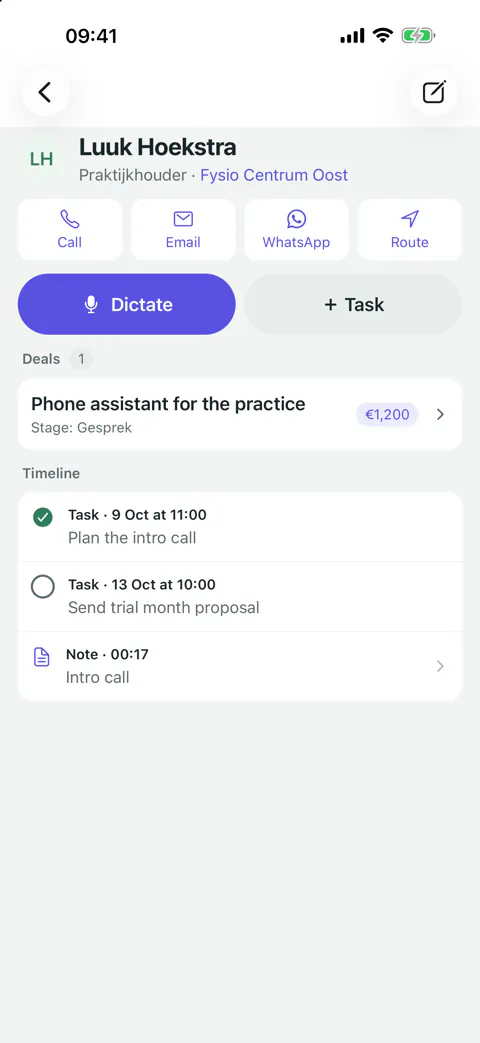 Contact card in the Ragently CRM app: buttons to call, email, WhatsApp and get directions, a Dictate button, a deal and the timeline with tasks and a note.