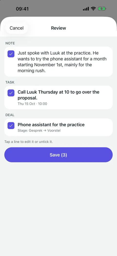 The review screen after dictating: the suggested note, task and deal update, each with a checkbox, and a Save button.
