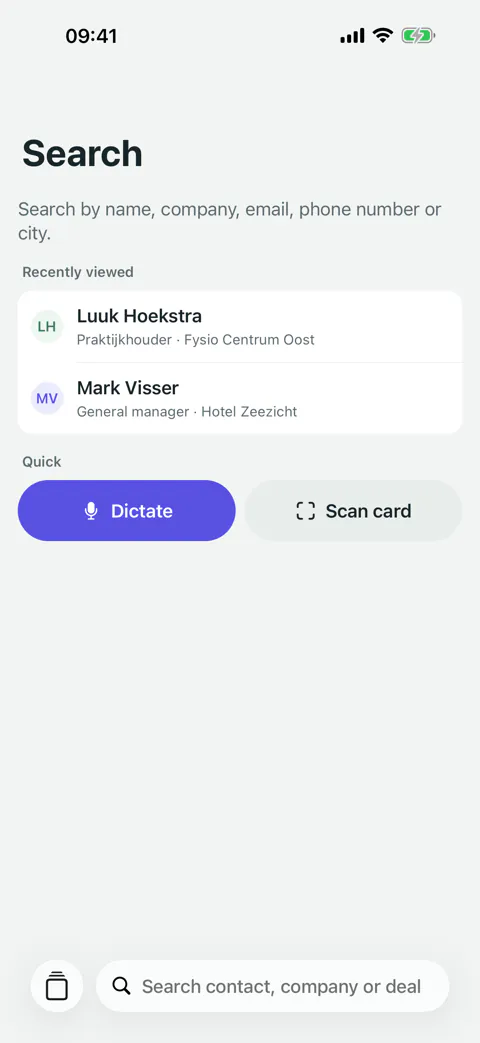 The app's search screen with the most recently viewed contacts and the Dictate and Scan card buttons.