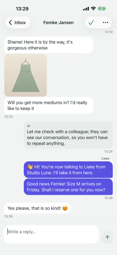 A chat that has been taken over: the AI tells the customer a colleague is joining, then a team member continues the conversation live and the customer replies.