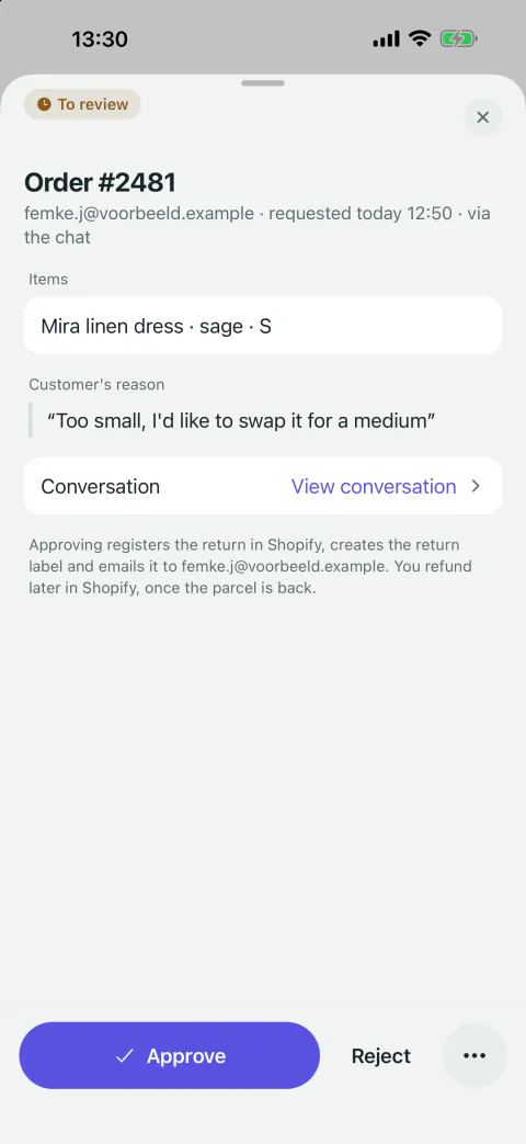 A return request to review: the order, the item, the customer's reason and a link to the conversation, with Approve and Reject buttons.