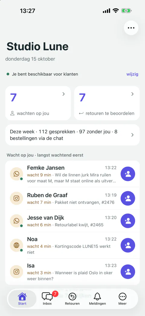Het startscherm: of je beschikbaar bent voor klanten, hoeveel klanten op je wachten, hoeveel retouren je moet beoordelen, de cijfers van deze week en de wachtrij.